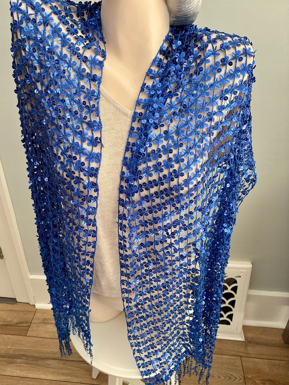 Royal Blue Sequin Shawl Wrap 20s Flapper Costume/ Formal Evening Wear